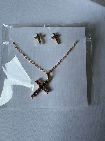 Collar cruz colores y aretes