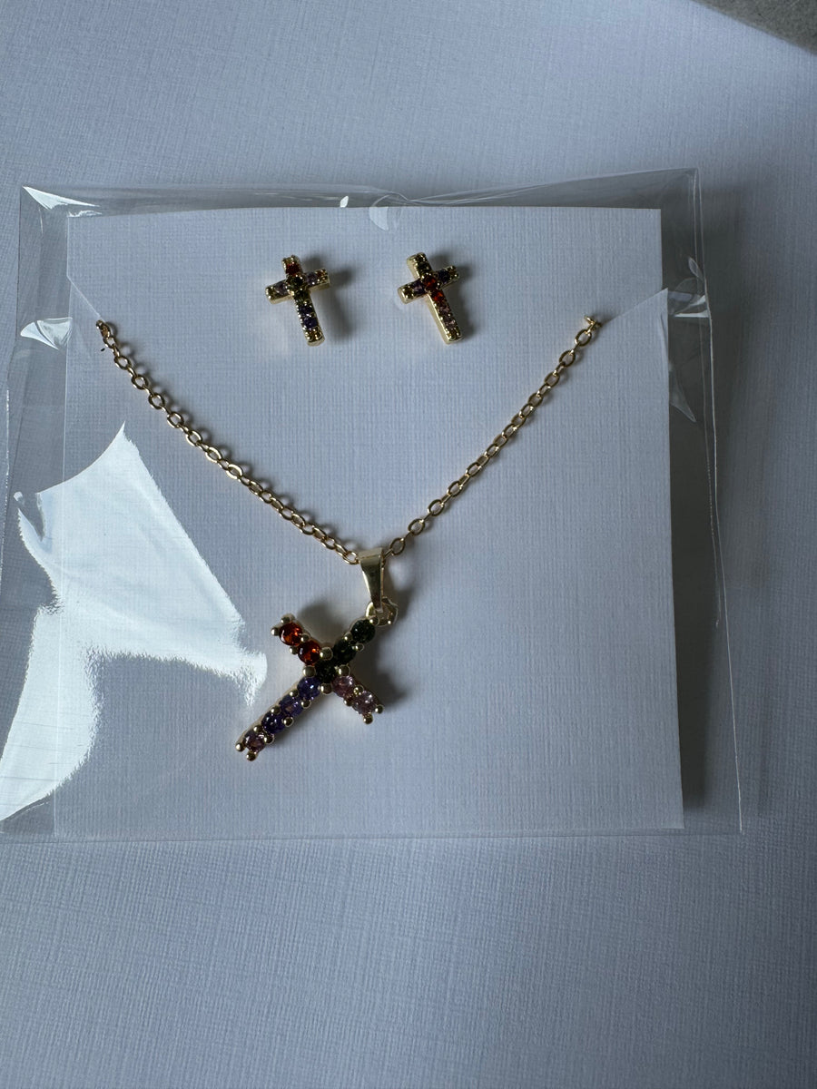Collar cruz colores y aretes